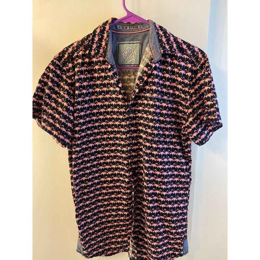 Good Vibes slim fitting button shirt top flamingo birds small S‎